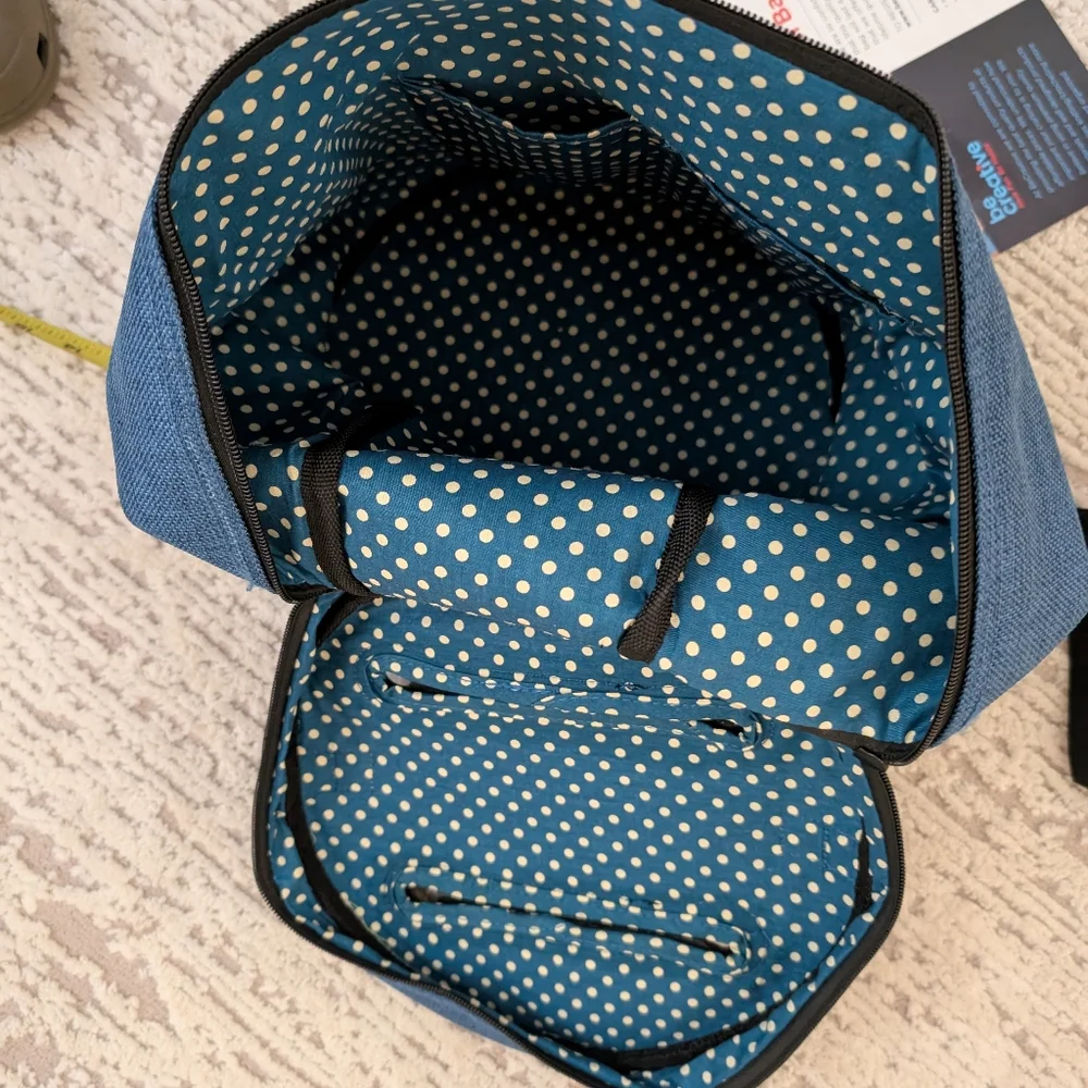 Knitting Bag Yarn Tote Organizer Crochet Storage Blue Linen with Cotton Lining